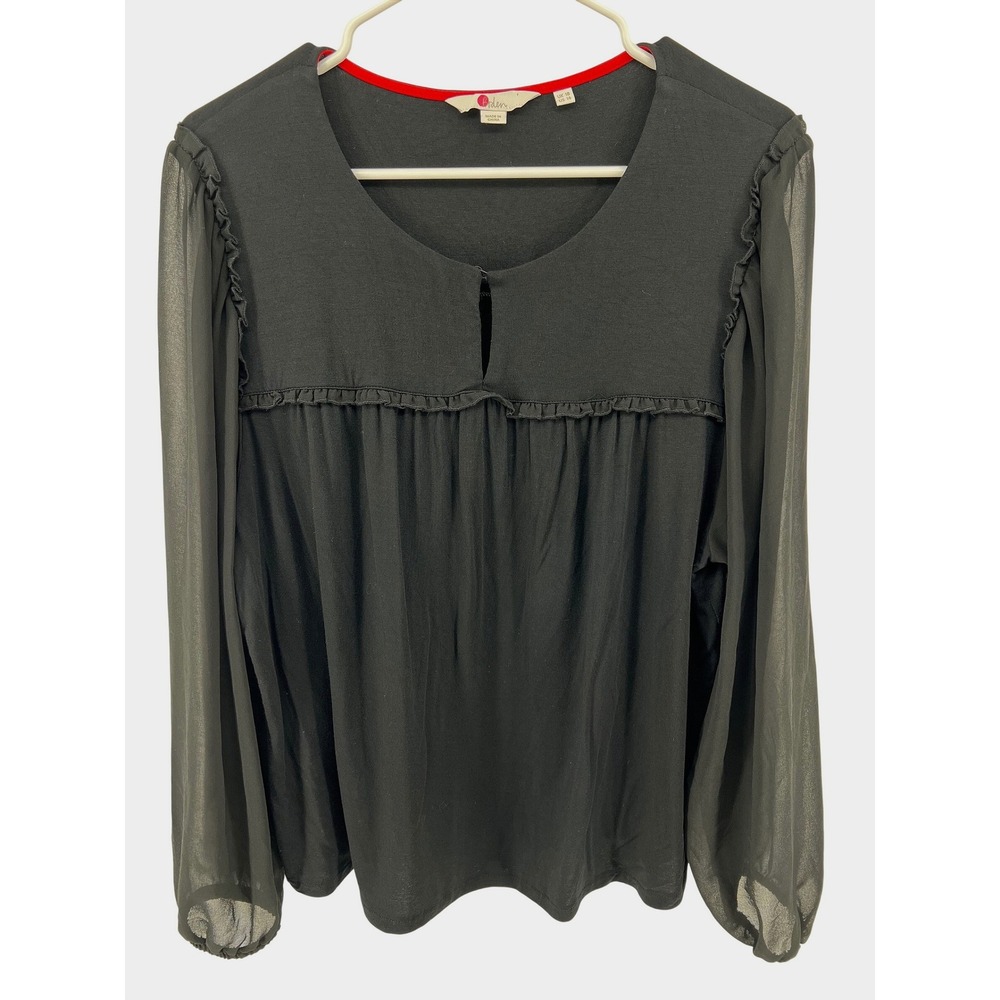 Boden Size 14 Dark Romantic Blouse Black Sheer Sleeves Ruffle Keyhole Top J0298